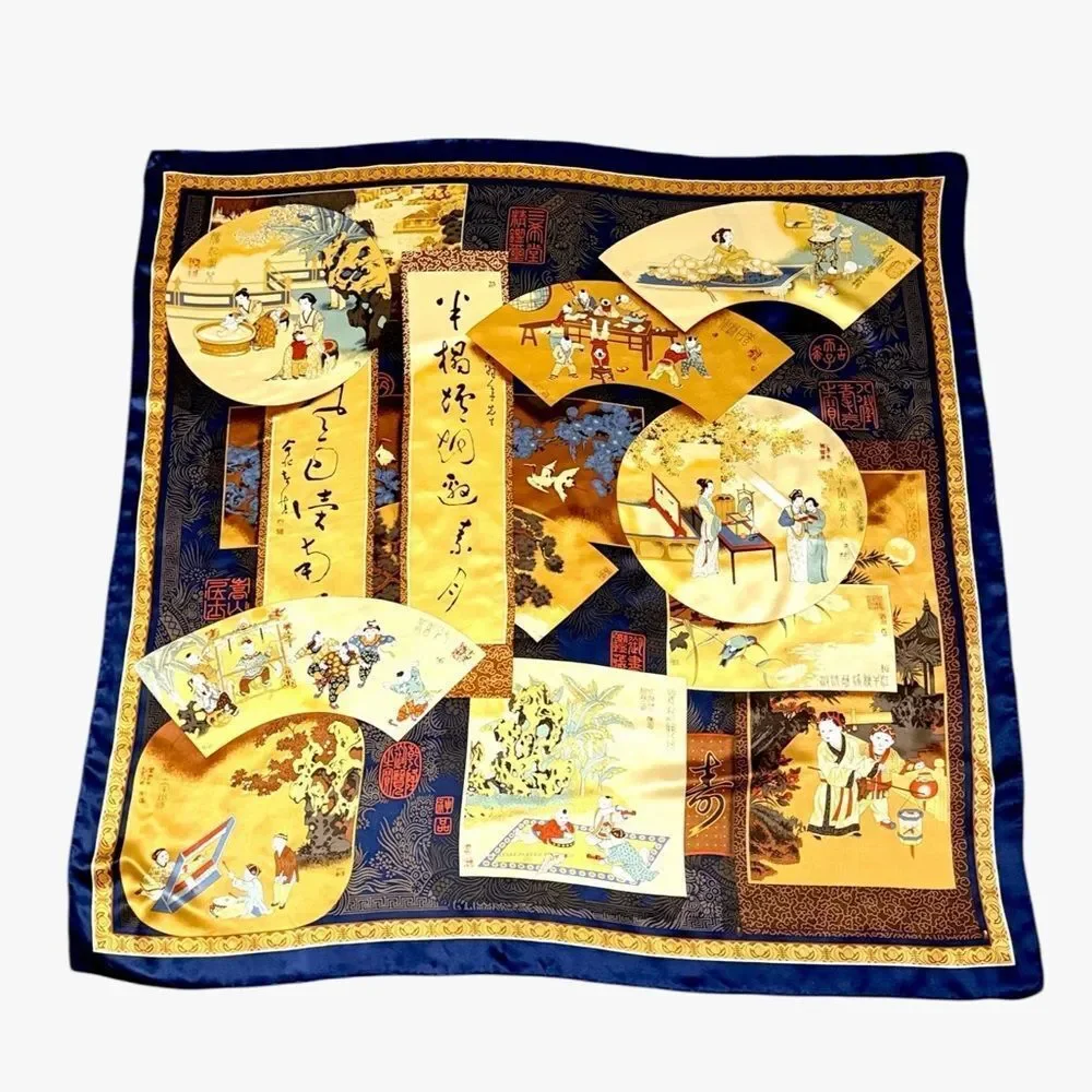Chinese Mulberry Silk Scarf Blue Gold Calligraphy Children Scenes Nianhua Art